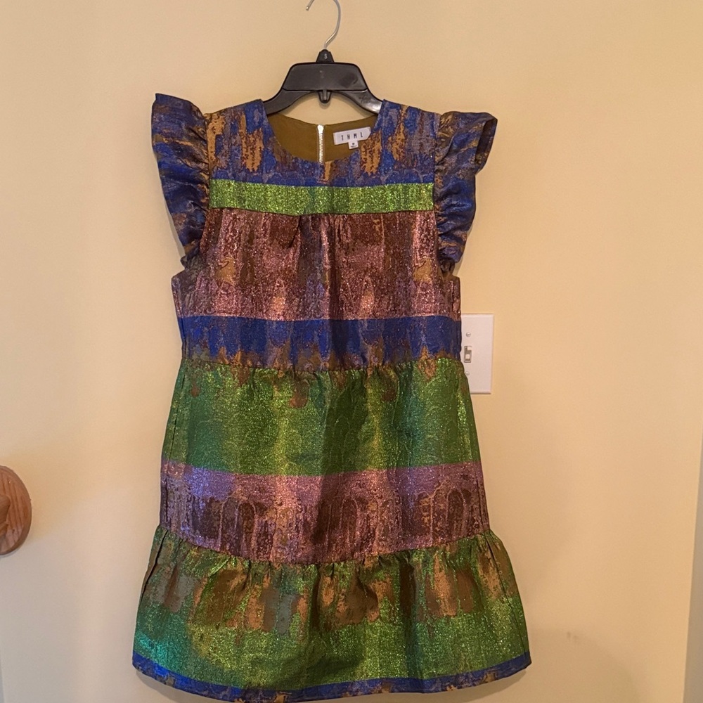 Green, blue/purple gold Patterned lined dress. Holiday, Mardi Gras perfect